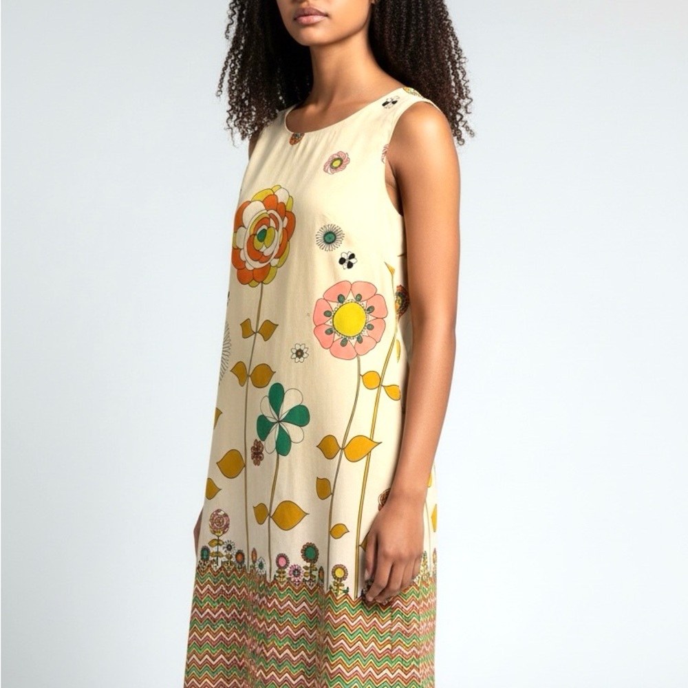 Chic Vintage Lounge Craft Floral Midi Dress - Cream with Multicolor Accents
